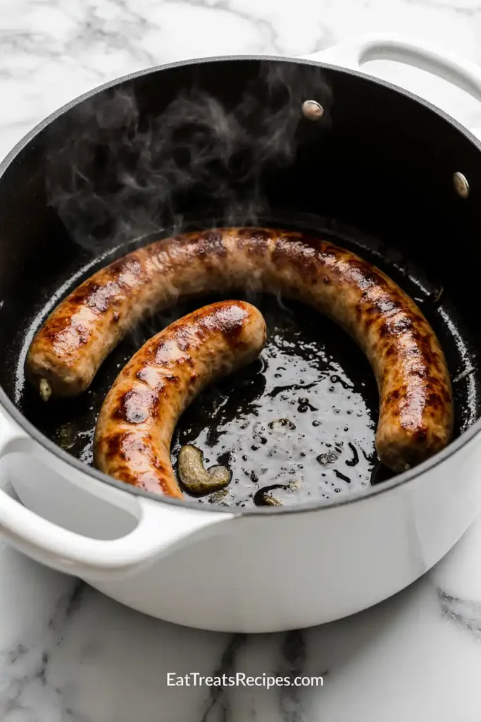 Italian sausage browning in a white pot on marble counter