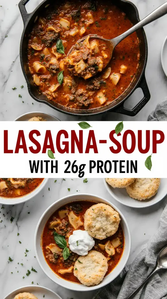 Lasagna Soup with 26G protein in bowl on white marble