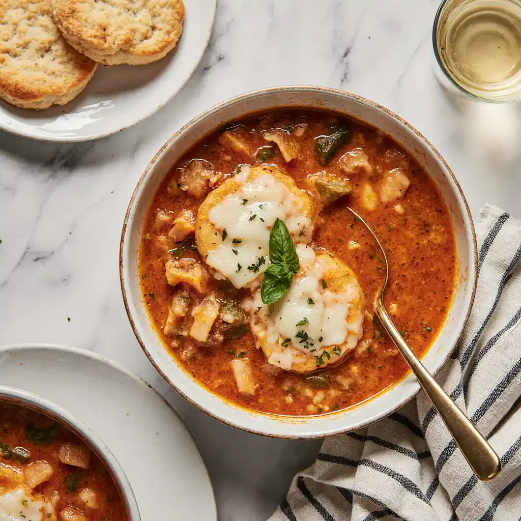 Lasagna Soup with 26G protein in bowl on white marble