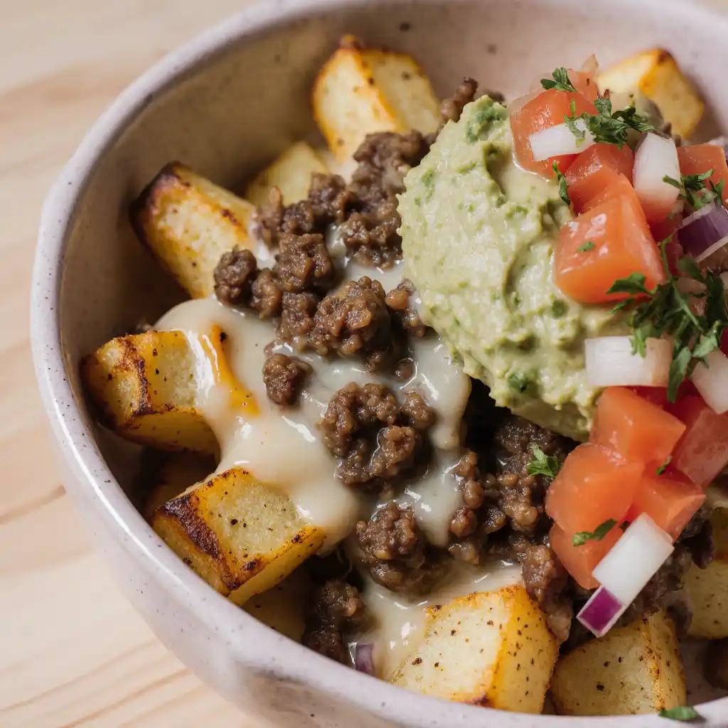 Loaded Potato Taco Bowl on white marble