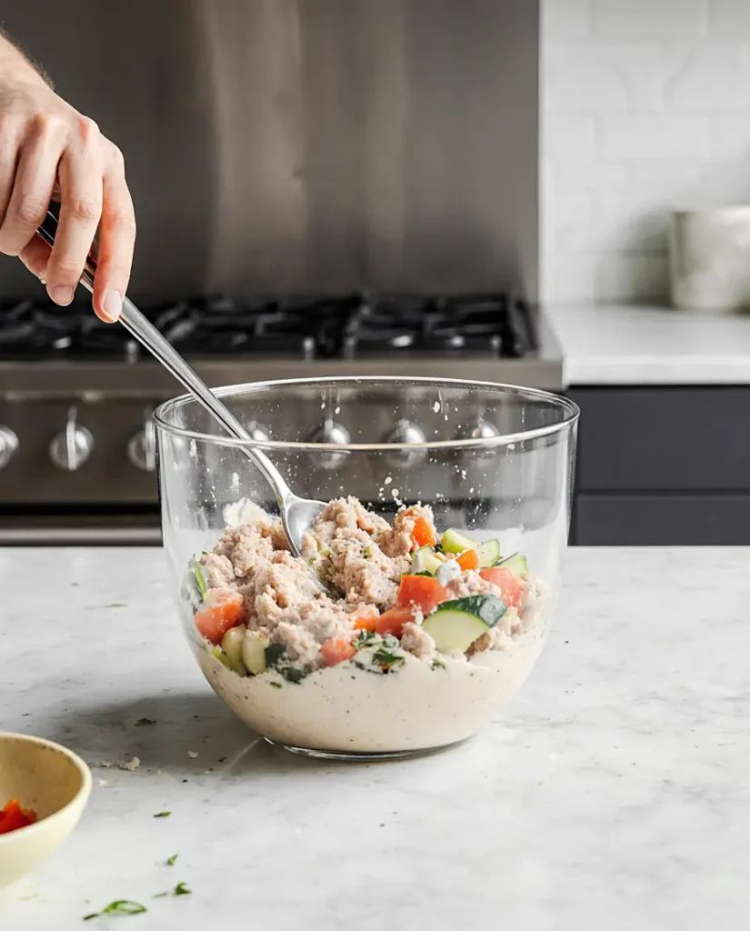 Mixing tuna salad ingredients