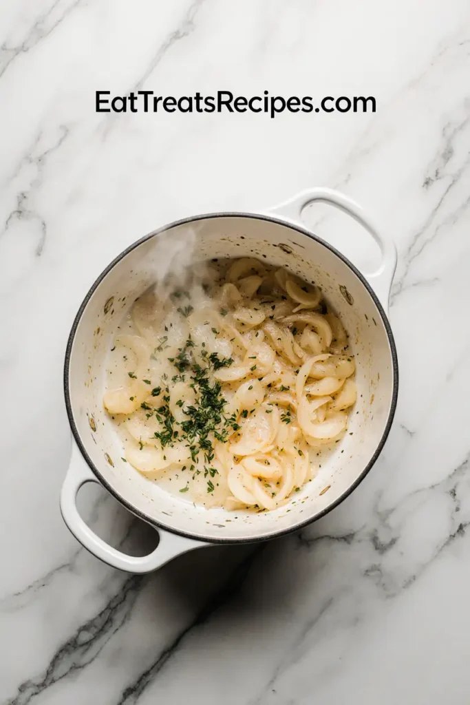 Onion and garlic sautéing in butter in white pot