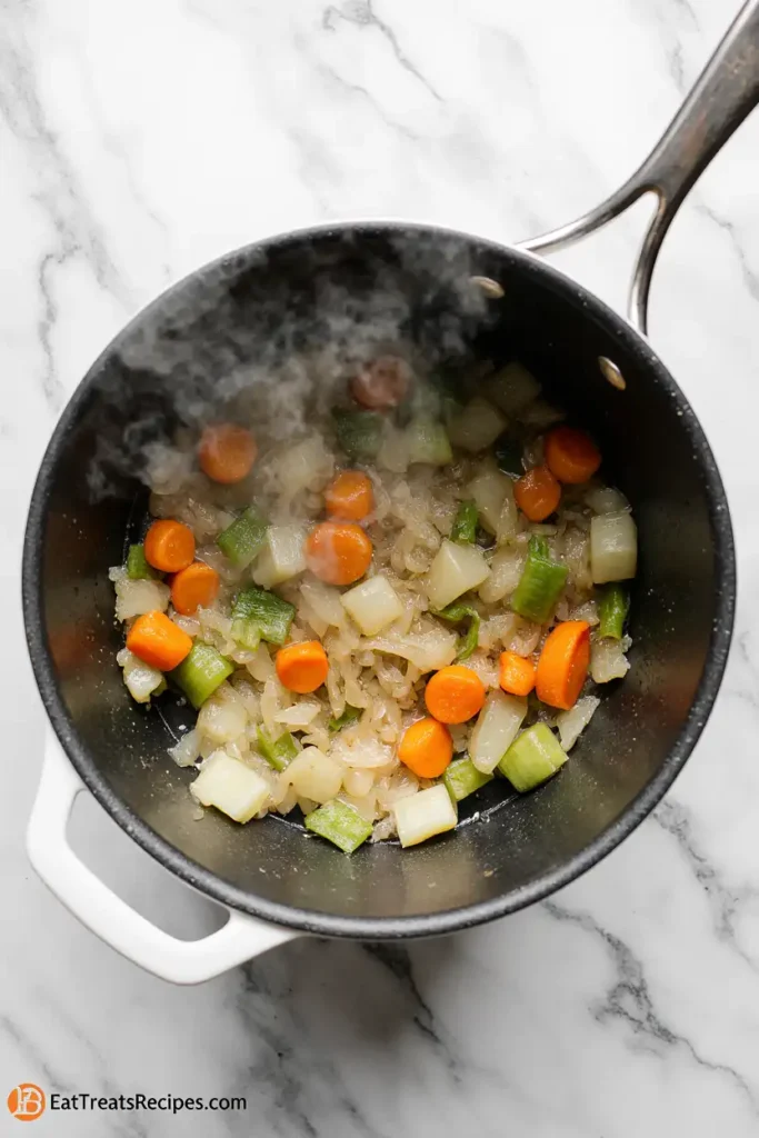 Onion, carrot, and celery sautéing in a white pot