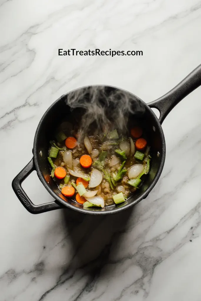 Onion, carrot, and celery sautéing in olive oil in a white pot