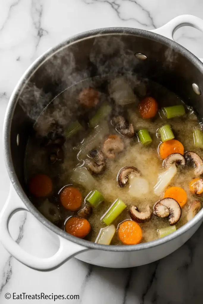 Onions, carrots, and celery cooking in butter inside a white pot