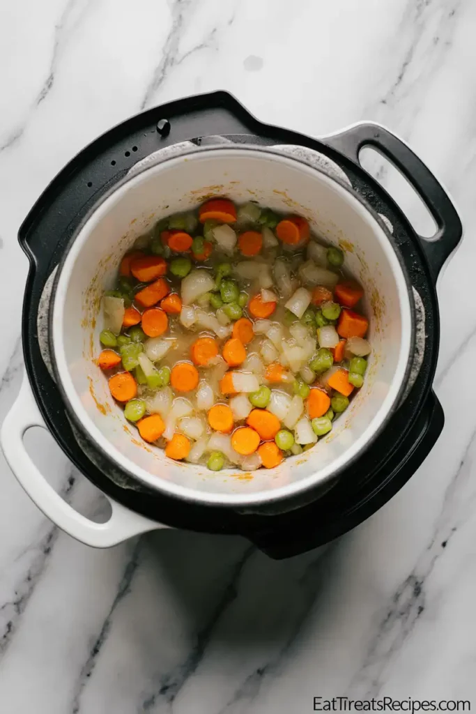 Onions, carrots, and celery sautéing in olive oil in a white pot