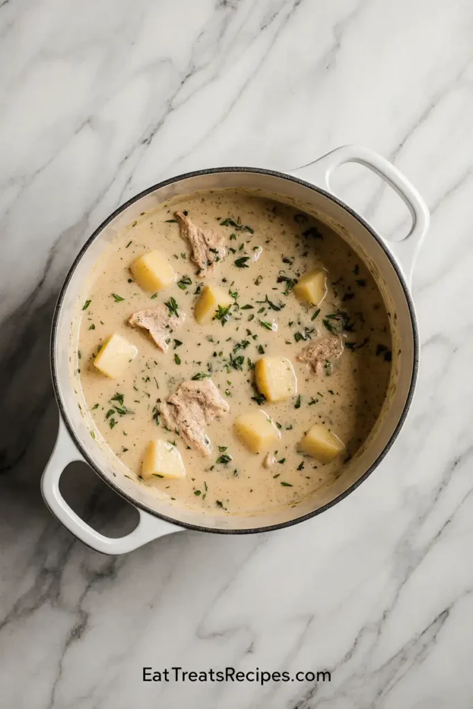 Pot of chicken soup simmering with potatoes and herbs