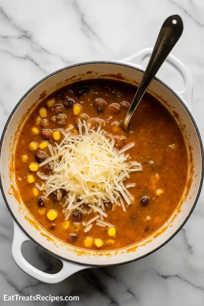 Pot of creamy cheesy taco soup simmering