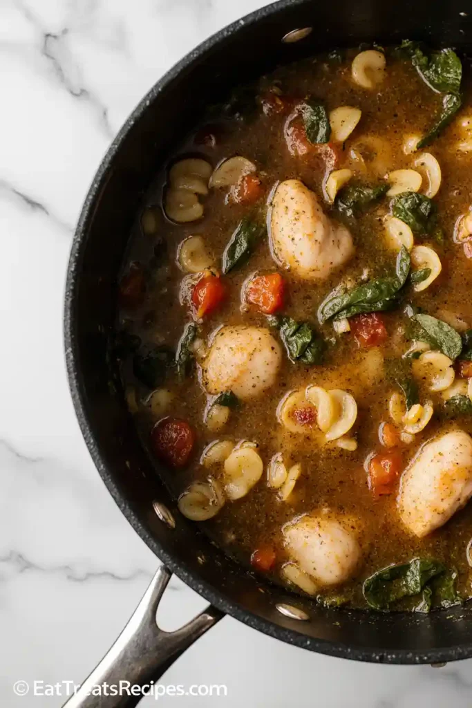Pot with orzo, chicken, and vegetables simmering in broth