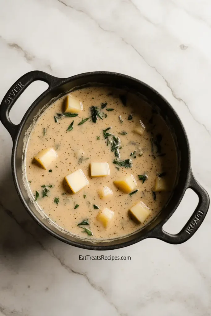 Diced potatoes and herbs simmering in creamy broth inside a white pot