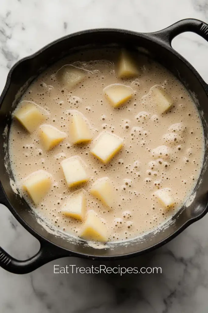 Diced potatoes simmering in creamy broth in a white enamel pot