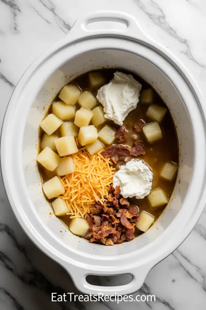 Crock pot filled with potatoes, broth, and cheese before cooking
