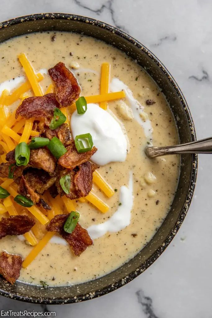 Close-up of crock pot potato soup showing melted cheese, bacon bits, and green onions
