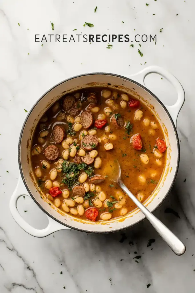 Pot of sausage, beans, and tomatoes simmering in broth