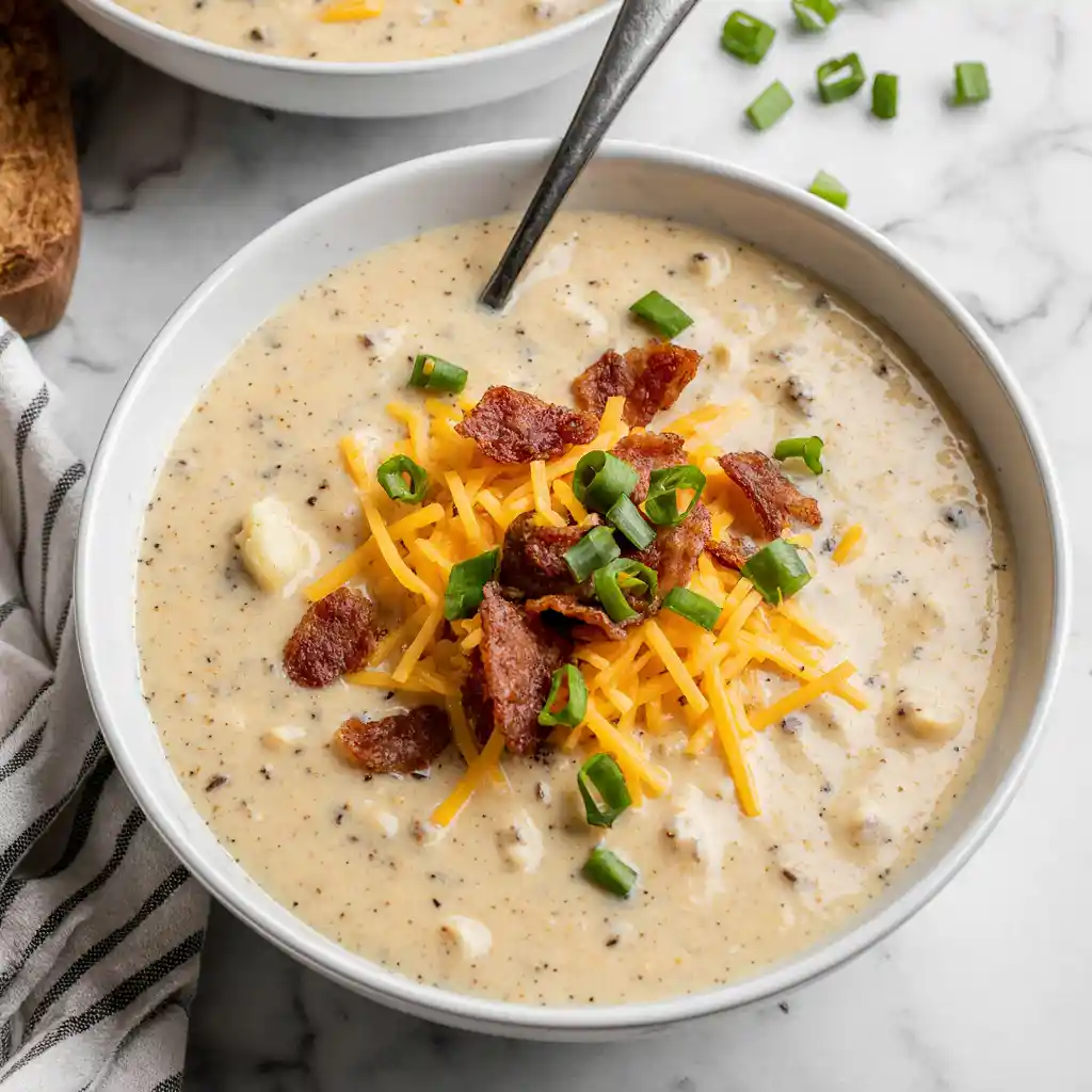 Creamy crock pot crack potato soup in a white bowl topped with bacon, cheddar cheese, and green onions on marble background