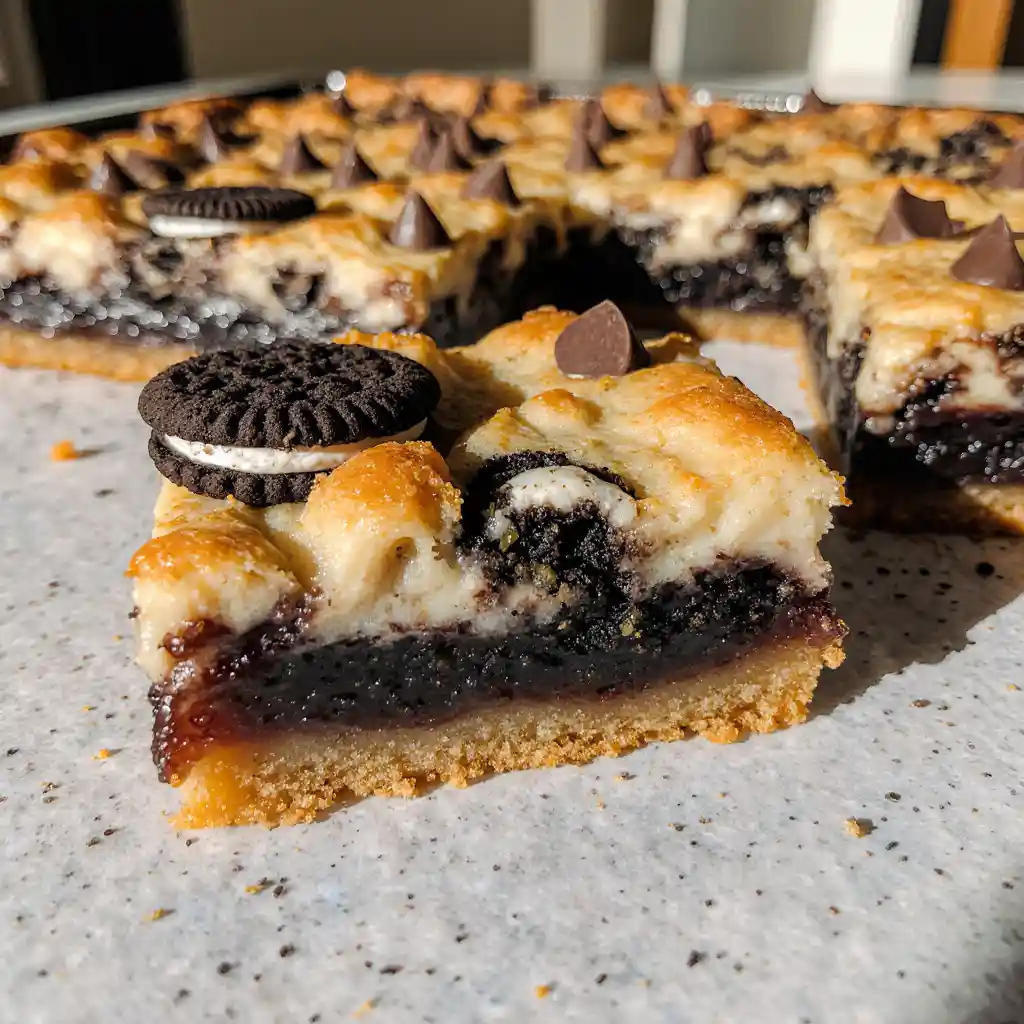 Slutty Brownies layered bar on white marble