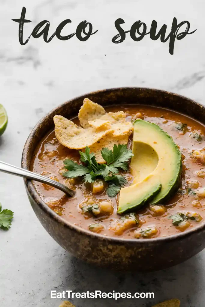 Close-up of creamy taco soup with cheese and corn