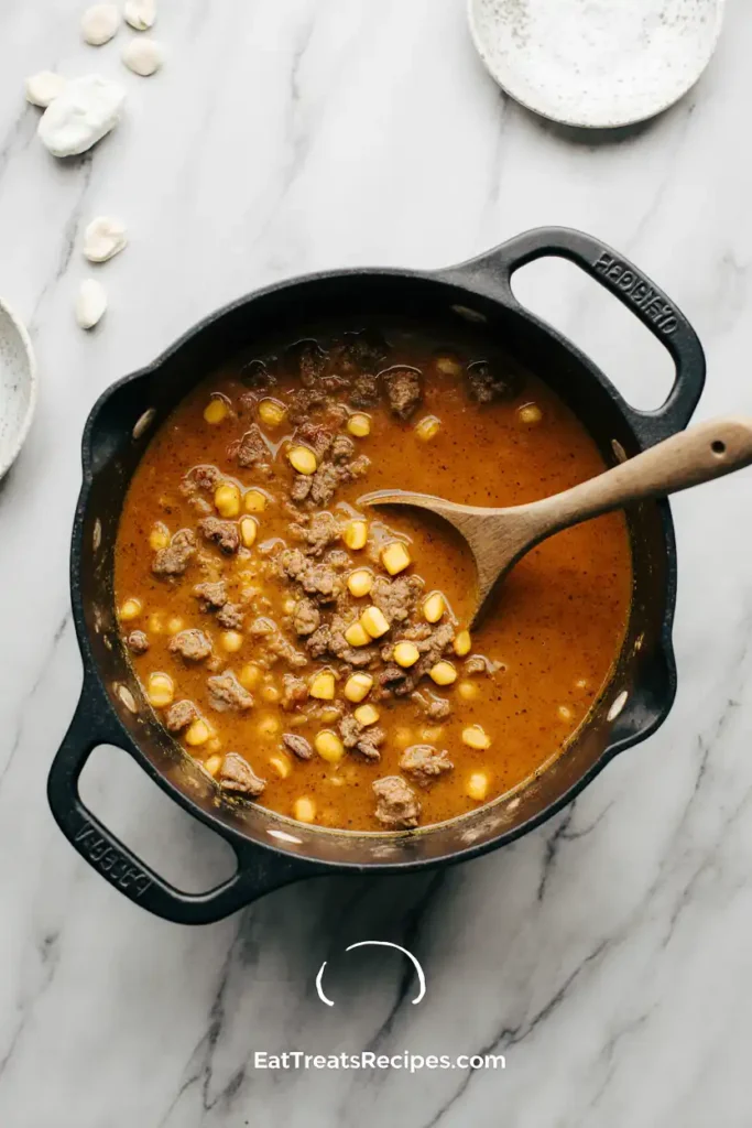 Taco soup simmering with beans and corn