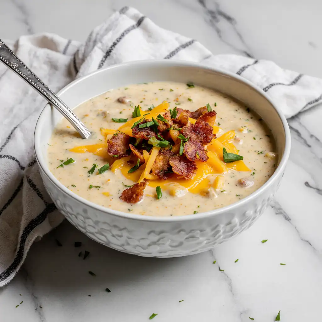 Creamy potato soup in a white bowl topped with crispy bacon, melted cheddar cheese, and chives on marble background