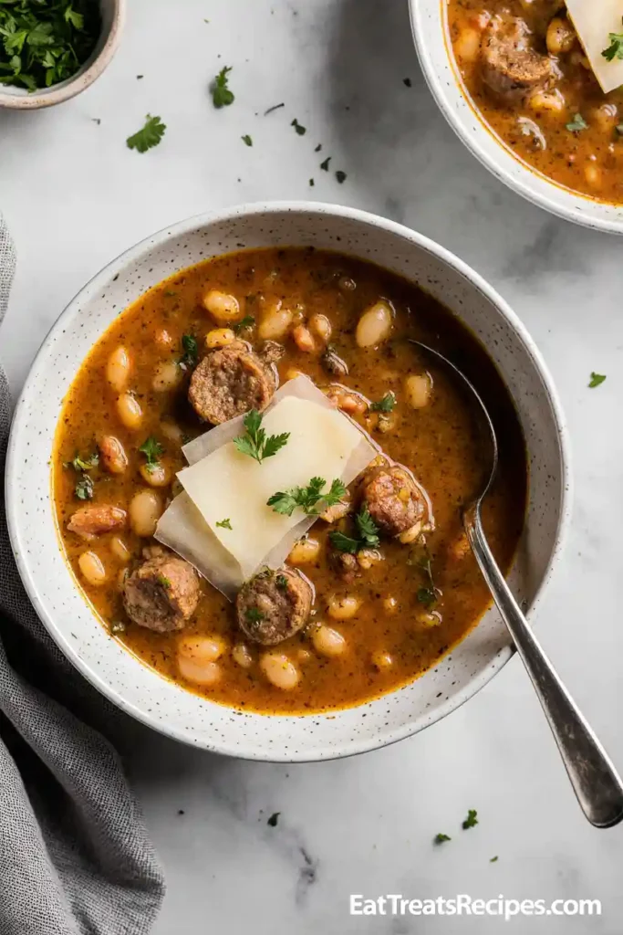 Finished Italian sausage white bean soup garnished with parmesan and herbs