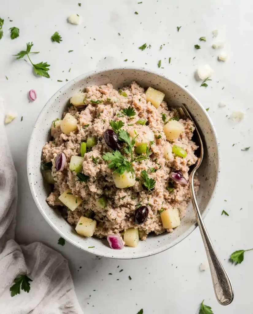 Tuna salad in bowl with herbs