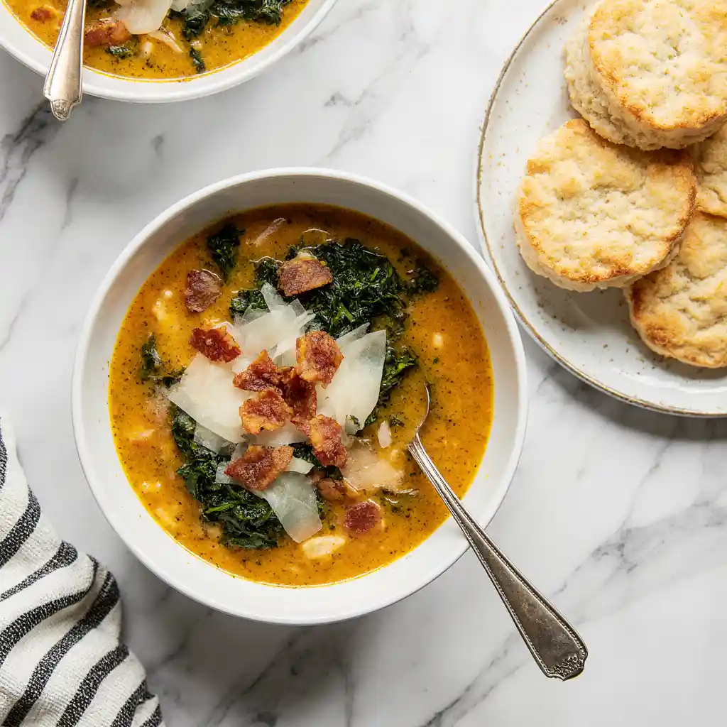 Tuscan Soup With 15G Protein bowl on white marble