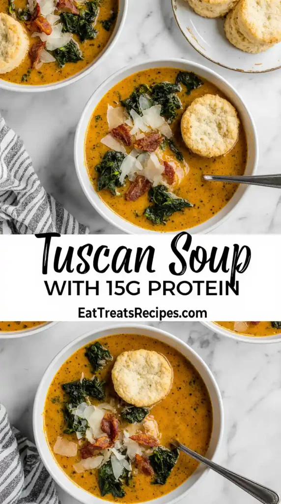 Tuscan Soup With 15G Protein bowl on white marble