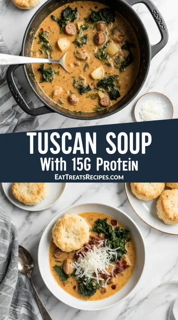 Tuscan Soup With 15G Protein bowl on white marble