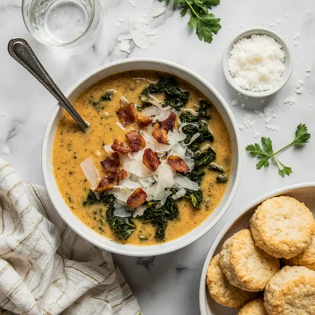 Tuscan Soup With 15G Protein bowl on white marble