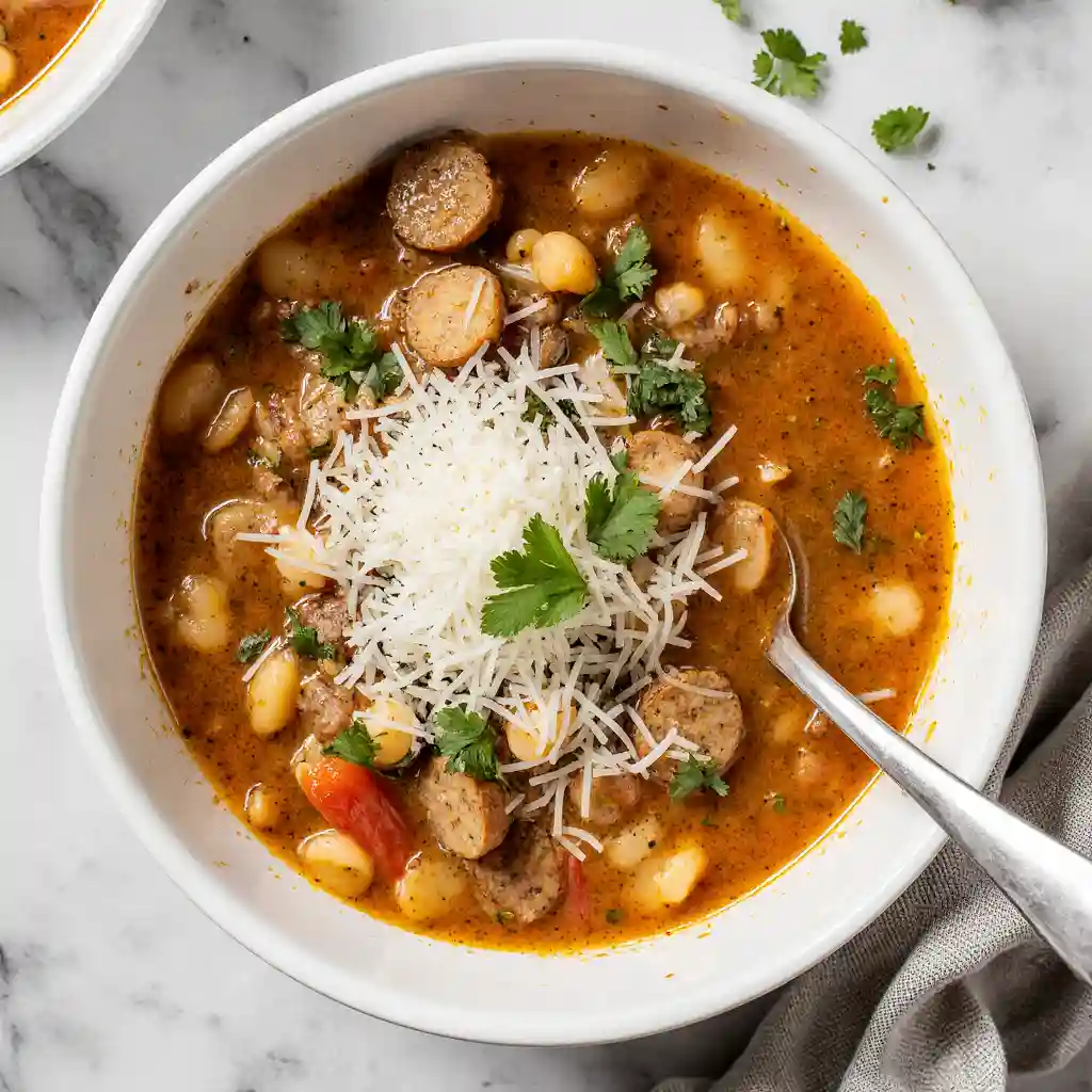 Italian sausage white bean soup in a white bowl topped with parmesan and parsley on marble background