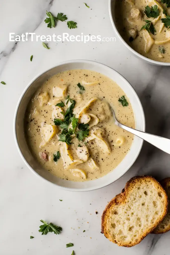 Finished bowl of chicken noodle soup with parsley and cracked pepper