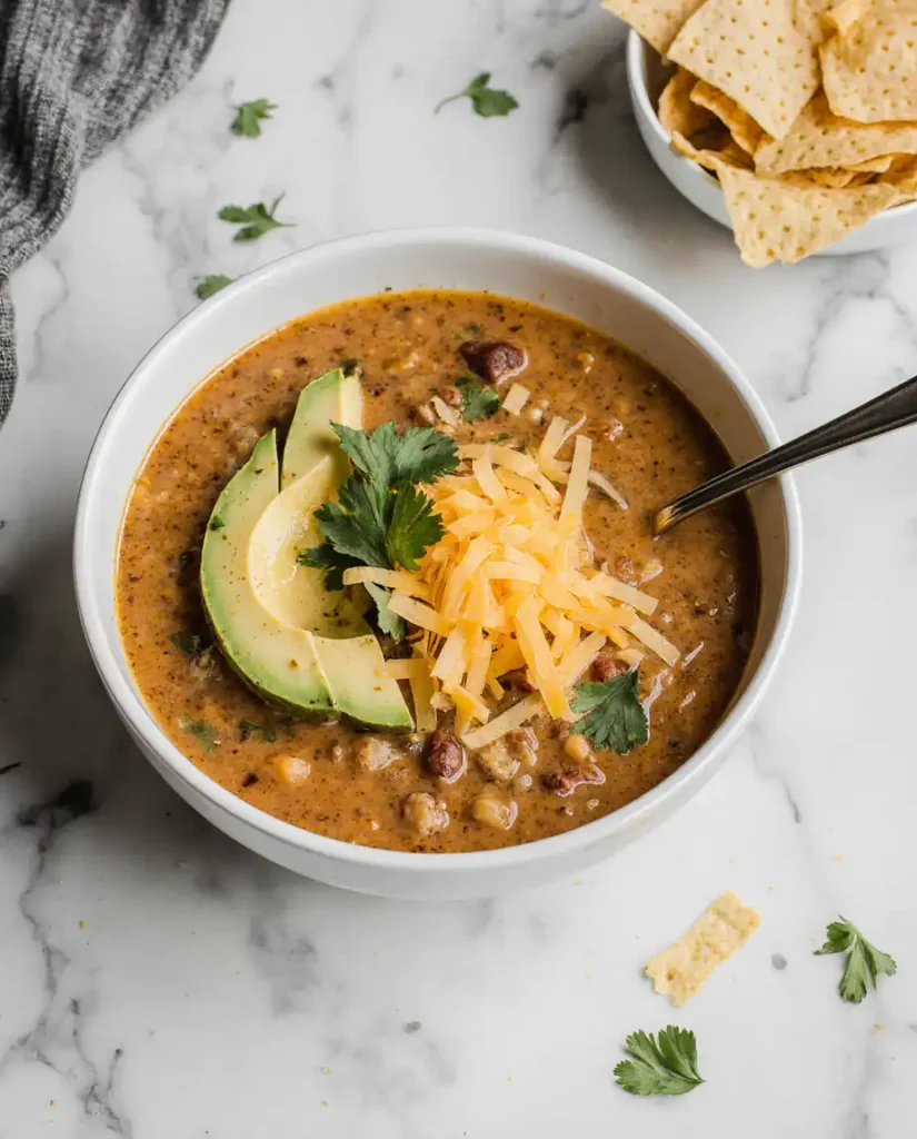 Bowl of creamy taco soup with cheese and avocado
