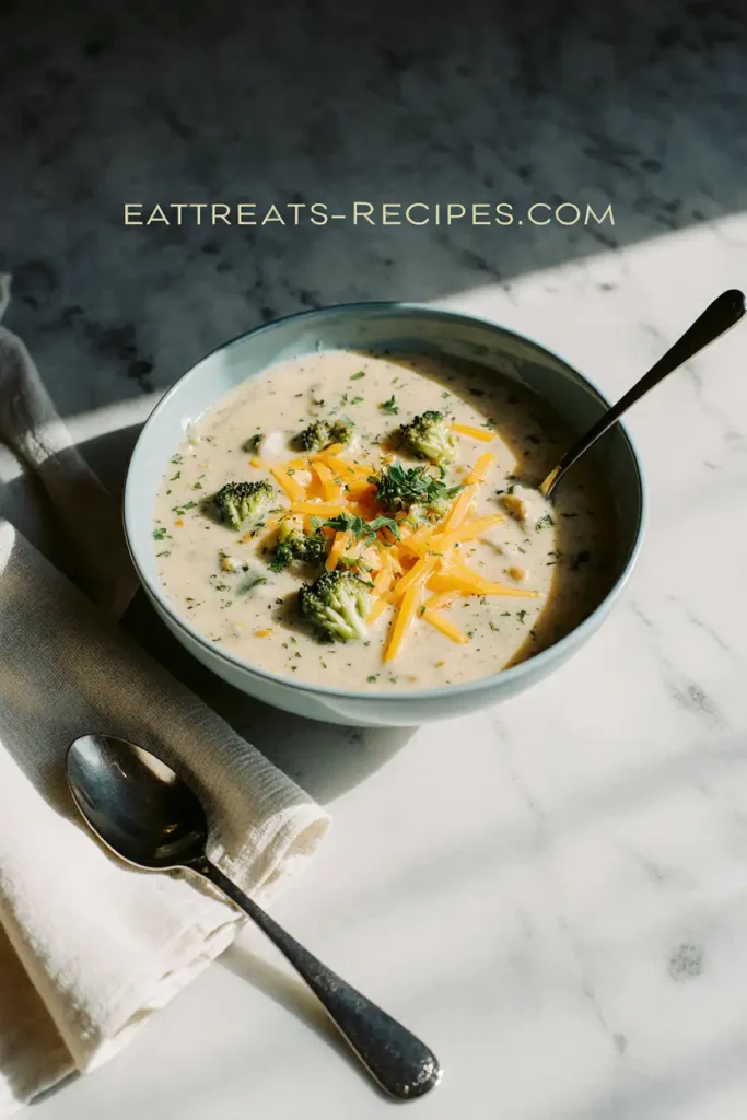 Bowl of broccoli cheese soup topped with cheddar and herbs