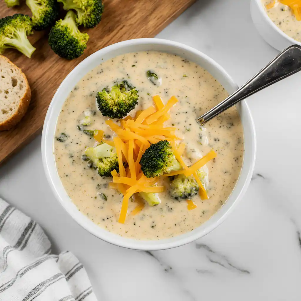 Creamy broccoli cheese soup in a white bowl with melted cheddar