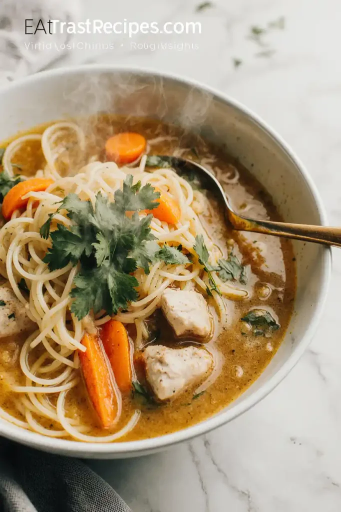 Close-up of chicken noodle soup showing noodles, herbs, and steam