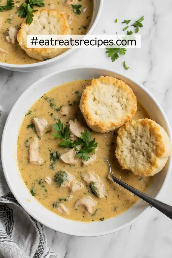 Finished chicken pot pie soup served with parsley and biscuit