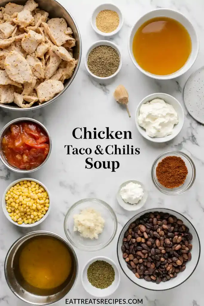 Chicken taco soup ingredients on marble counter