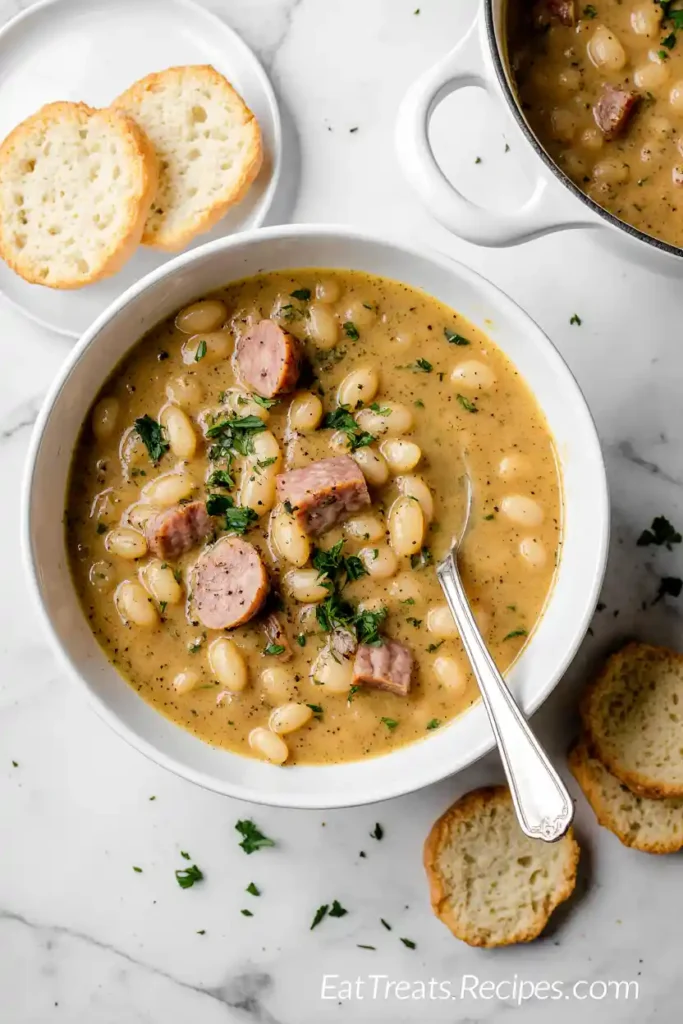 Finished ham and white bean soup garnished with parsley and pepper