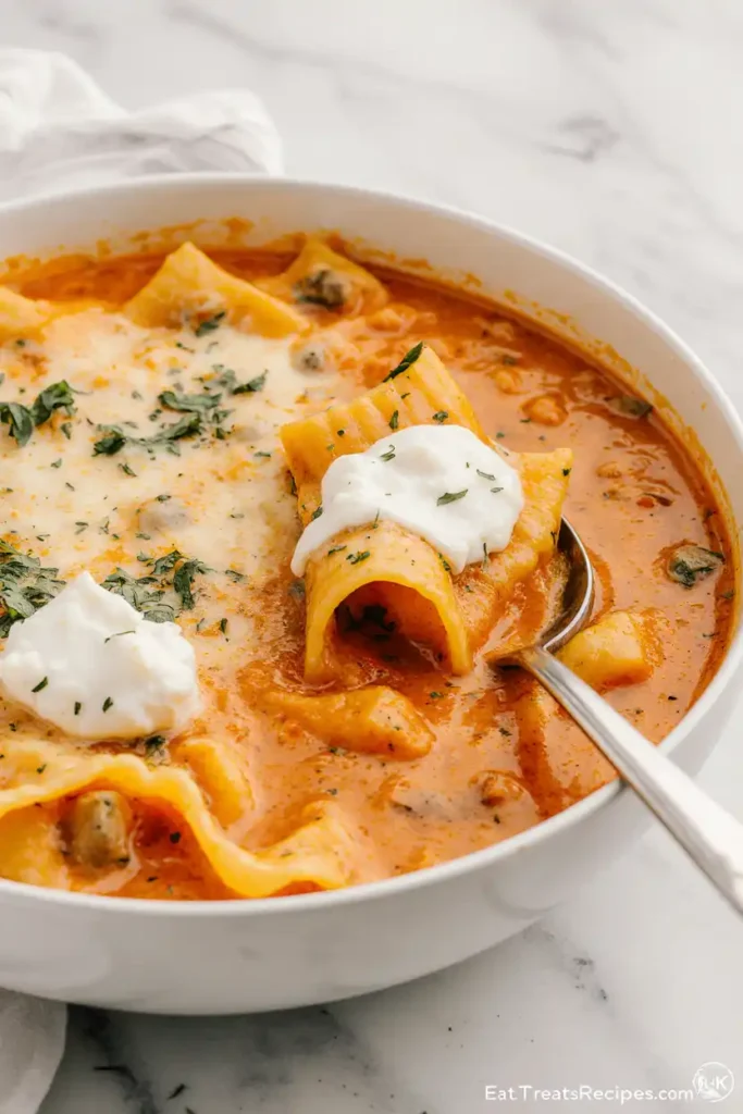 Close-up of creamy lasagna soup with melted cheese