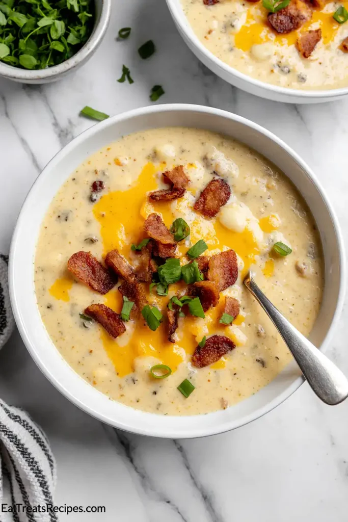 Finished crock pot crack potato soup served in a bowl with bacon and chives