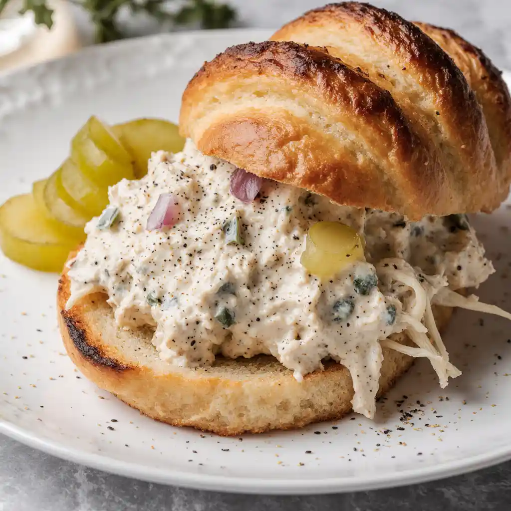 Dill Pickle Chicken Salad in a bowl on white marble