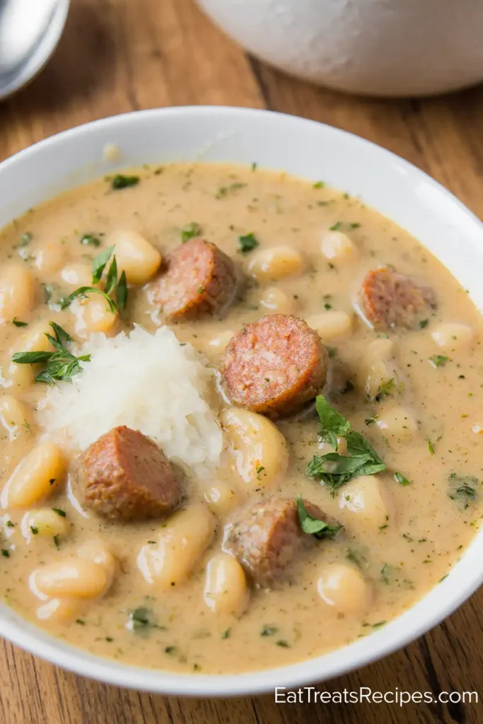 Close-up of creamy sausage and white bean soup with herbs
