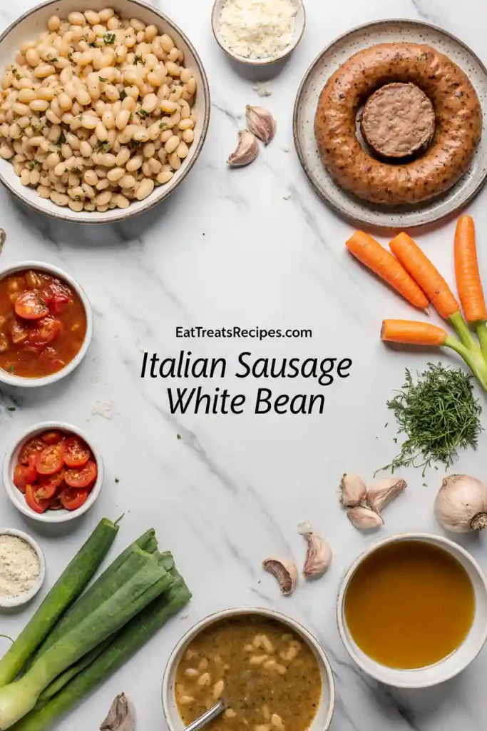 Ingredients for Italian sausage white bean soup on marble surface