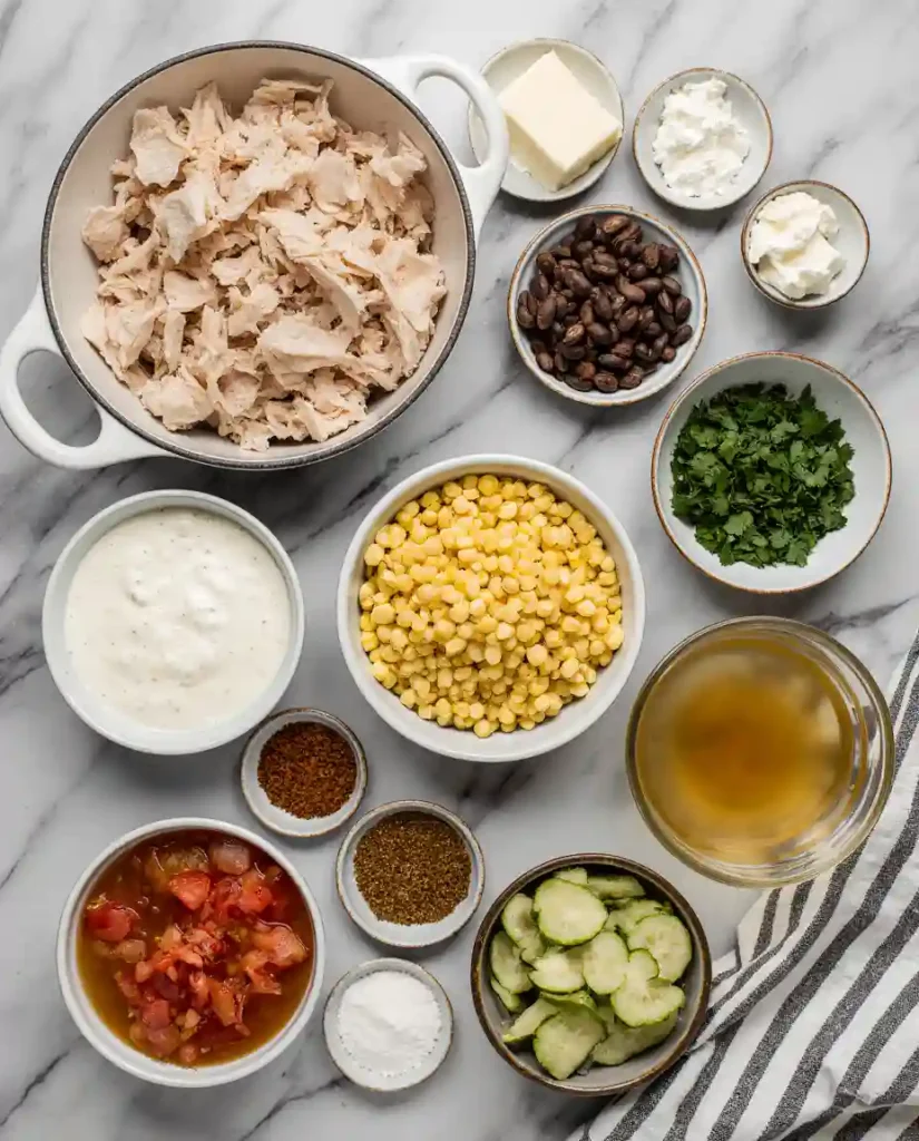 Ingredients for chicken taco soup on marble