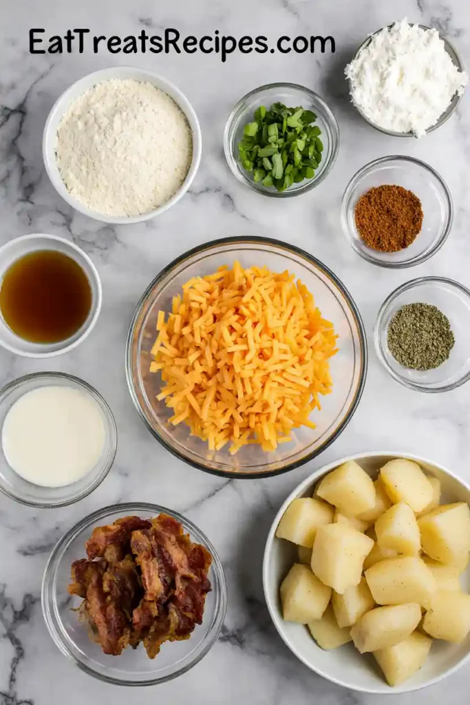 Ingredients for crock pot crack potato soup diced potatoes, bacon, cream cheese, cheddar, and green onions on marble