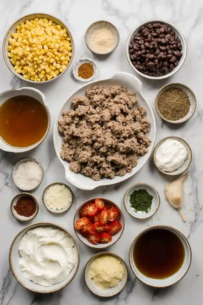 Ingredients for taco soup on marble counter