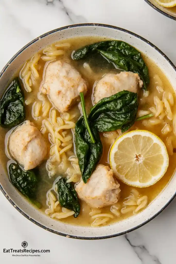 Close-up of lemon chicken orzo soup with chicken and spinach