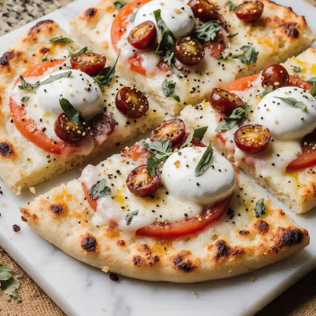 Slice of Quick Caprese Naan Pizza with melted mozzarella and tomato