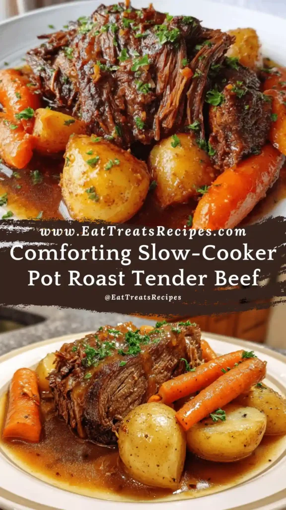 Dinner plate of Slow-Cooker Pot Roast with gravy and sides