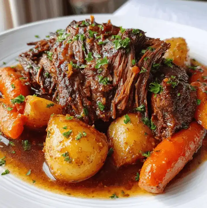 Dinner plate of Slow-Cooker Pot Roast with gravy and sides